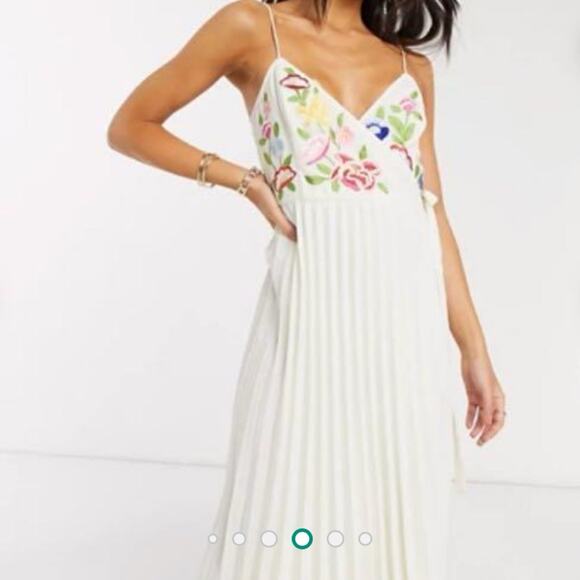 ASOS Women Cream Embroidered Pleated Cami Wrap Midi Dress Size 6 - Picture 4 of 11